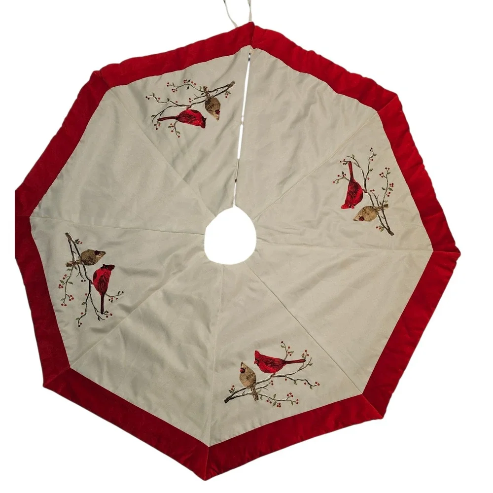 Winter Dreams Christmas Tree Skirt‎ Beige Red Cardinal Bird Embroidered Holiday